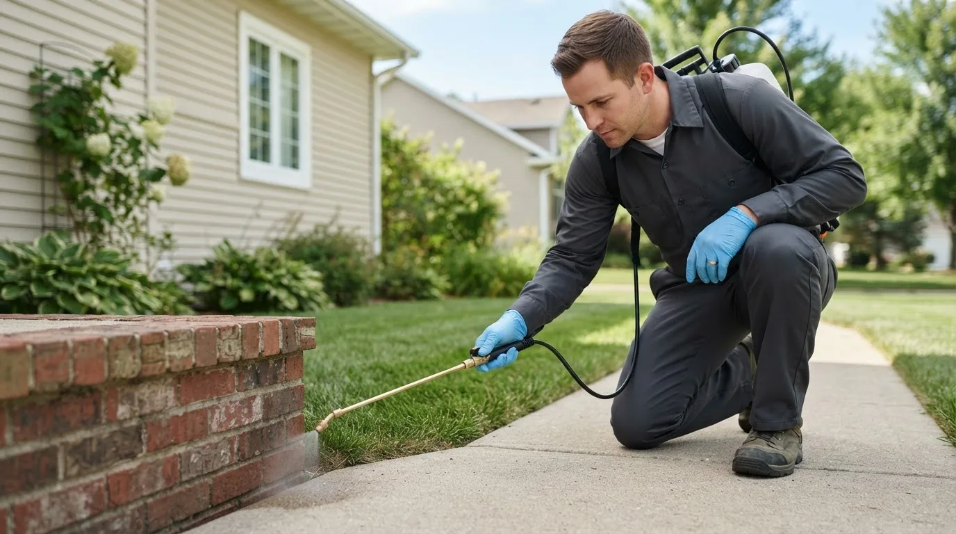 Pest control technician treating a home near Blue Mounds, WI